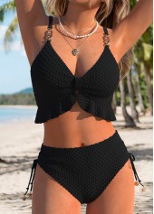 Black swimwear,Plain Color swimwear,ROTITA Black Two-piece Mid Waisted Bikini Set