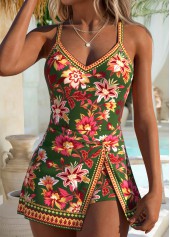ROTITA Green Fake 2in1 Floral Print One Piece Swimdress