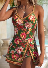 Green swimwear,Floral swimwear,Plants swimwear,ROTITA Green Fake 2in1 Floral Print One Piece Swimdress