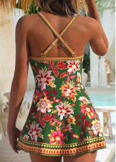 Green swimwear,Floral swimwear,Plants swimwear,ROTITA Green Fake 2in1 Floral Print One Piece Swimdress