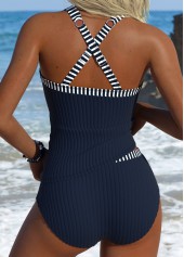 Navy swimwear,Striped swimwear,Geometric swimwear,ROTITA Navy Tummy Coverage Striped Mid Waisted Tankini Set