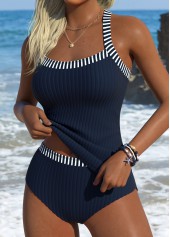 Navy swimwear,Striped swimwear,Geometric swimwear,ROTITA Navy Tummy Coverage Striped Mid Waisted Tankini Set