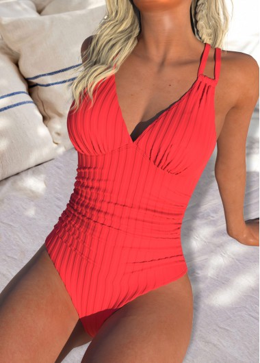Coral swimwear,Plain Color swimwear,ROTITA Cut Out Coral V Neck One Piece Swimwear