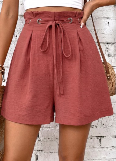 Red bottoms,Plain Color bottoms,Red Wide Leg Drawastring High Waisted Shorts