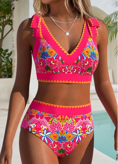 Hot Pink swimwear,Floral swimwear,Plants swimwear,ROTITA Hot Pink Wide Waistband Floral Print Bikini Set