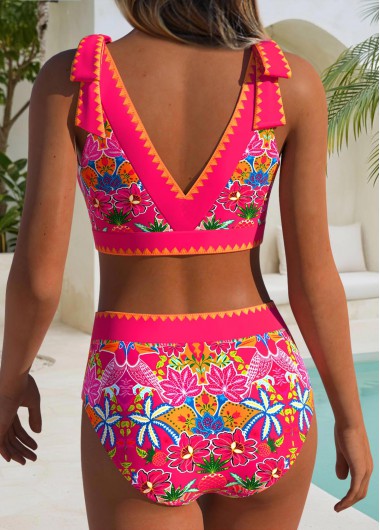 Hot Pink swimwear,Floral swimwear,Plants swimwear,ROTITA Hot Pink Wide Waistband Floral Print Bikini Set