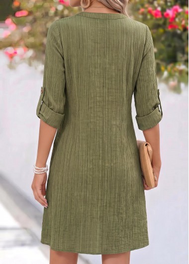 Olive Green dresses,Plain Color dresses,Everyday dresses,Casual dresses,ROTITA Olive Green Patchwork Short Split Neck Long Sleeve Dress