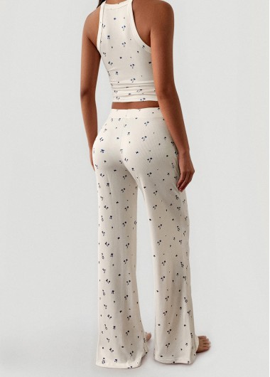 Beige loungewear,Ditsy Floral loungewear,Ditsy Floral Print Beige Strappy Lounge Top and Pants