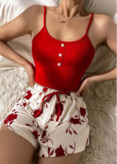Red loungewear,Floral loungewear,Plants loungewear,Floral Print Red Scoop Neck Lounge Top and Shorts