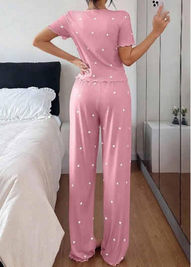 Pink loungewear,Heart loungewear,Heart Print Pink V Neck Lounge Top and Pants