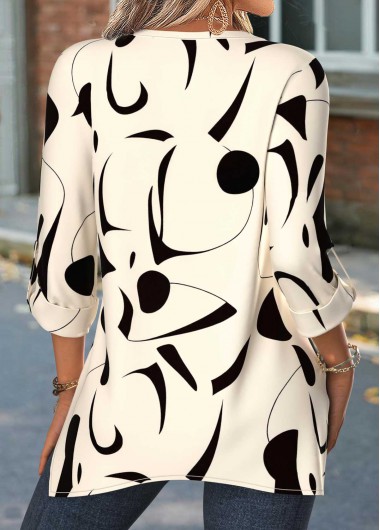 Beige tops,Geometric tops,ROTITA Patchwork Geometric Print Beige Split Neck 3/4 Sleeve Blouse