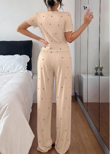 Champagne loungewear,Heart loungewear,Heart Print Champagne V Neck Lounge Top and Pants