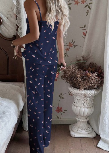 Navy loungewear,Floral loungewear,Plants loungewear,Floral Print Navy Scoop Neck Lounge Top and Pants
