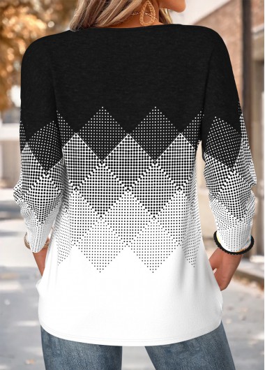 Black tops,Geometric tops,ROTITA Curved Hem Geometric Print Black Round Neck T Shirt