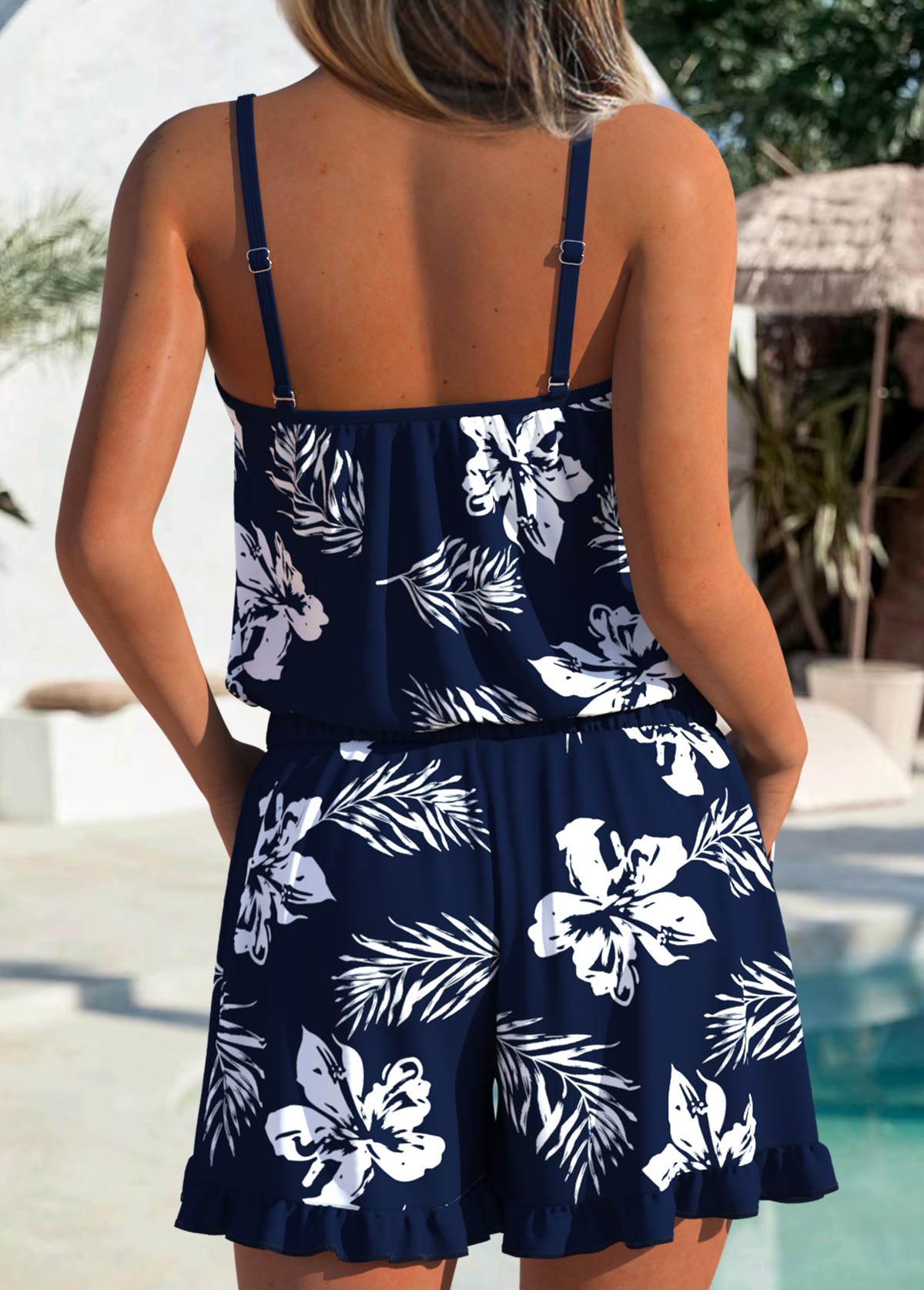 Navy swimwear,Floral swimwear,Plants swimwear,ROTITA Navy Tummy Coverage Floral Print One Piece Swimwear
