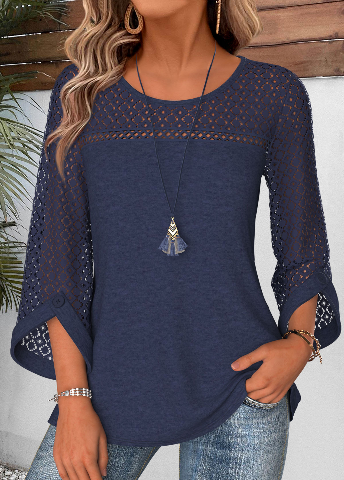Navy tops,Plain Color tops,ROTITA Patchwork Navy Round Neck 3/4 Sleeve Blouse