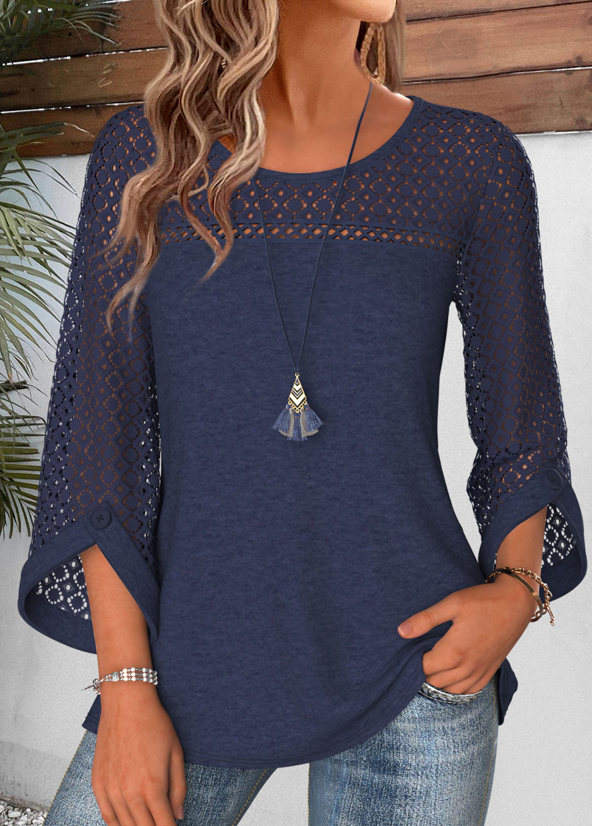 Navy tops,Plain Color tops,ROTITA Patchwork Navy Round Neck 3/4 Sleeve Blouse