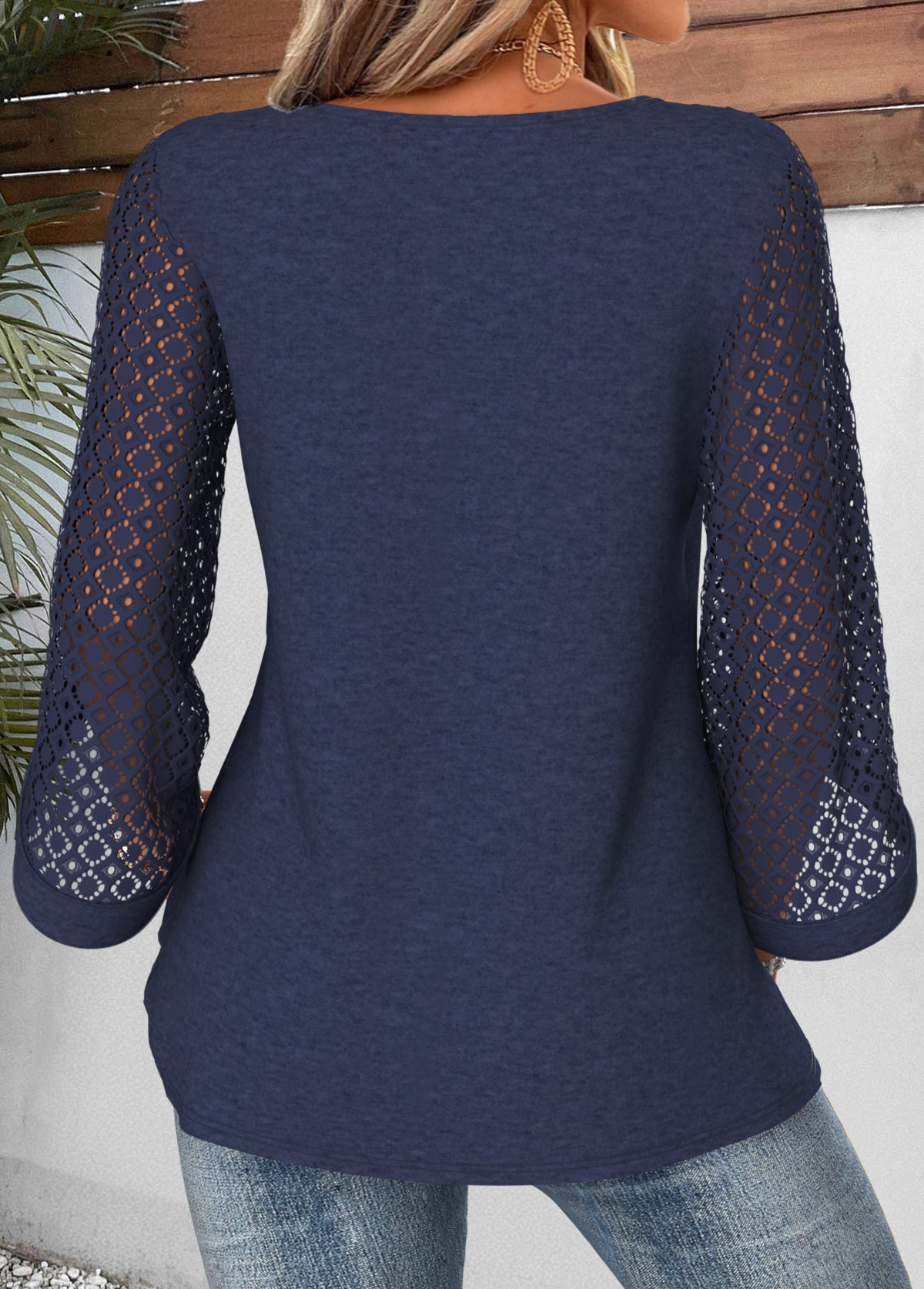 Navy tops,Plain Color tops,ROTITA Patchwork Navy Round Neck 3/4 Sleeve Blouse