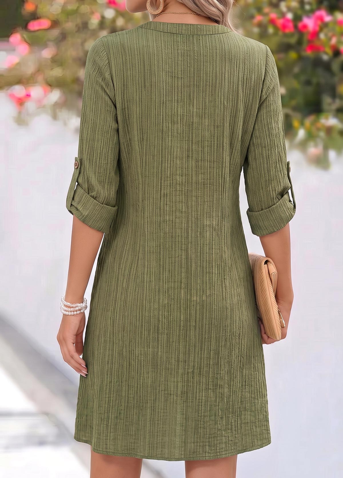 Olive Green dresses,Plain Color dresses,Everyday dresses,Casual dresses,ROTITA Olive Green Patchwork Short Split Neck Long Sleeve Dress