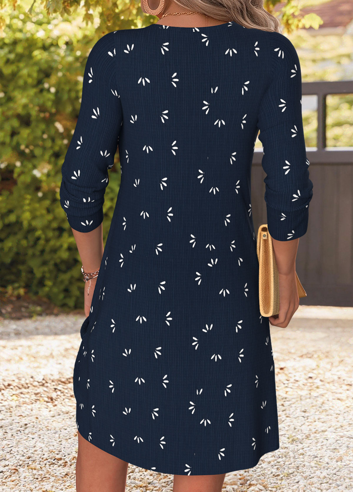 Navy dresses,Tribal dresses,Everyday dresses,Casual dresses,ROTITA Navy Tribal Print Patchwork Short Split Neck Dress