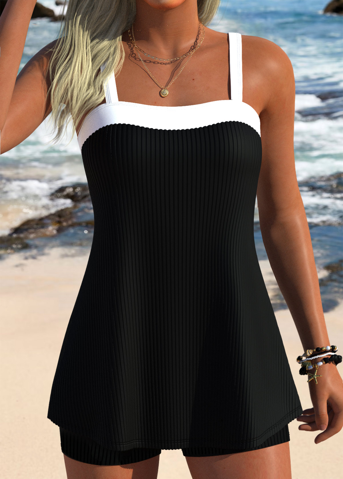 Black swimwear,Contrast Color swimwear,ROTITA Black Three-piece Mid Waisted Tankini Set