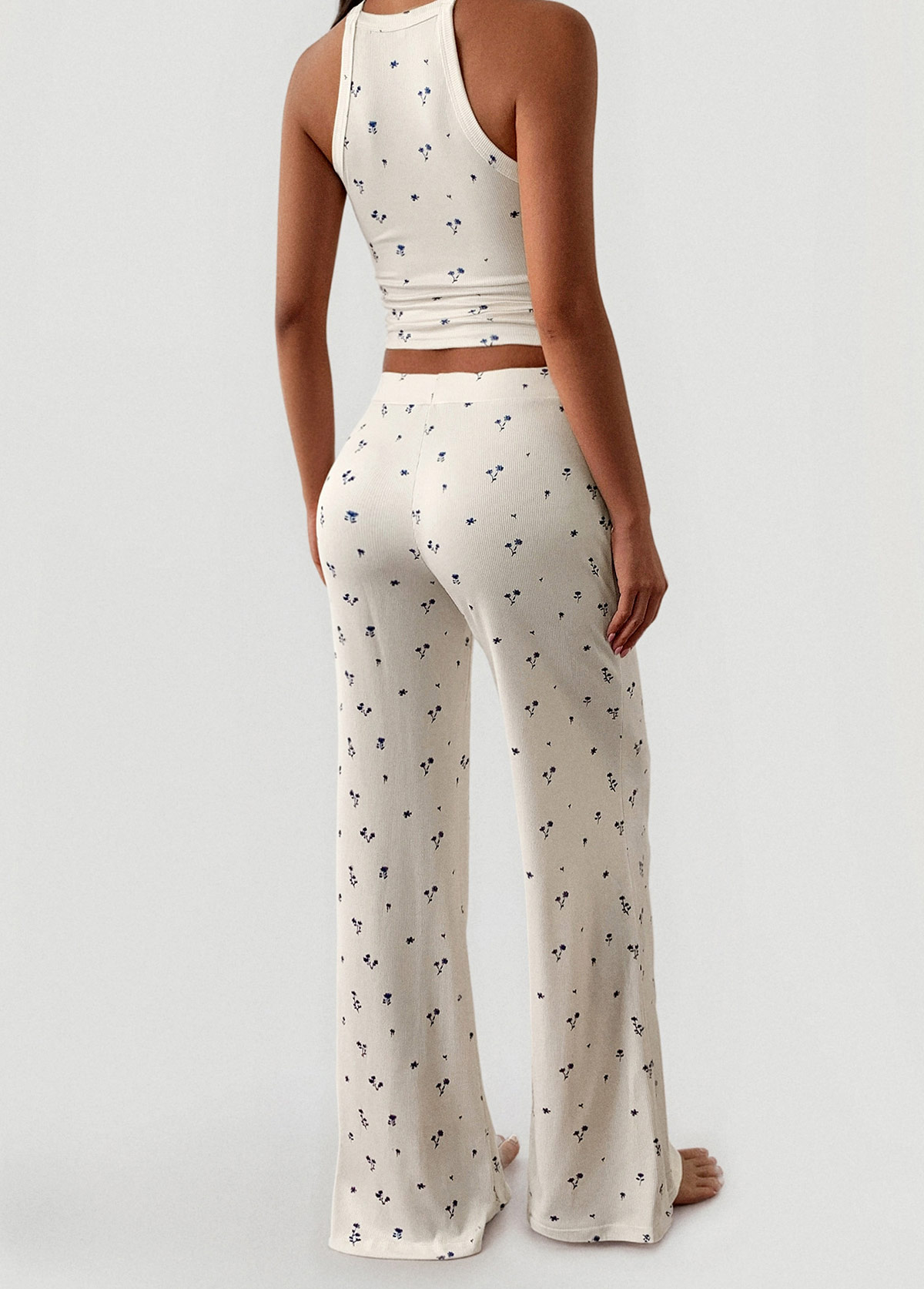 Beige loungewear,Ditsy Floral loungewear,Ditsy Floral Print Beige Strappy Lounge Top and Pants