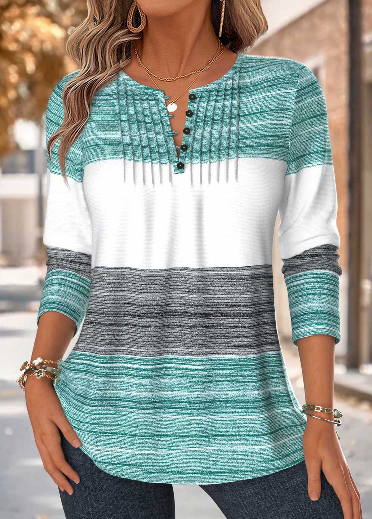 Mint Green tops,Striped tops,Geometric tops,ROTITA Tuck Stitch Striped Mint Green Split Neck T Shirt