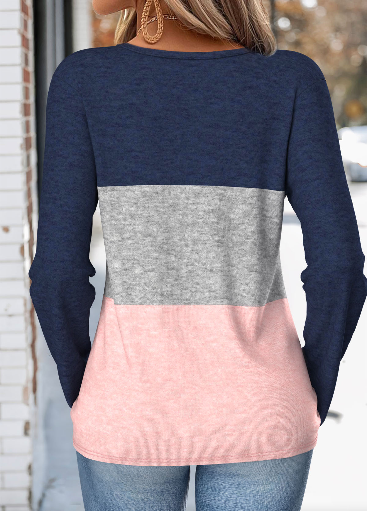 Multi Color tops,Contrast Color tops,ROTITA Button Multi Color Split Neck Long Sleeve T Shirt