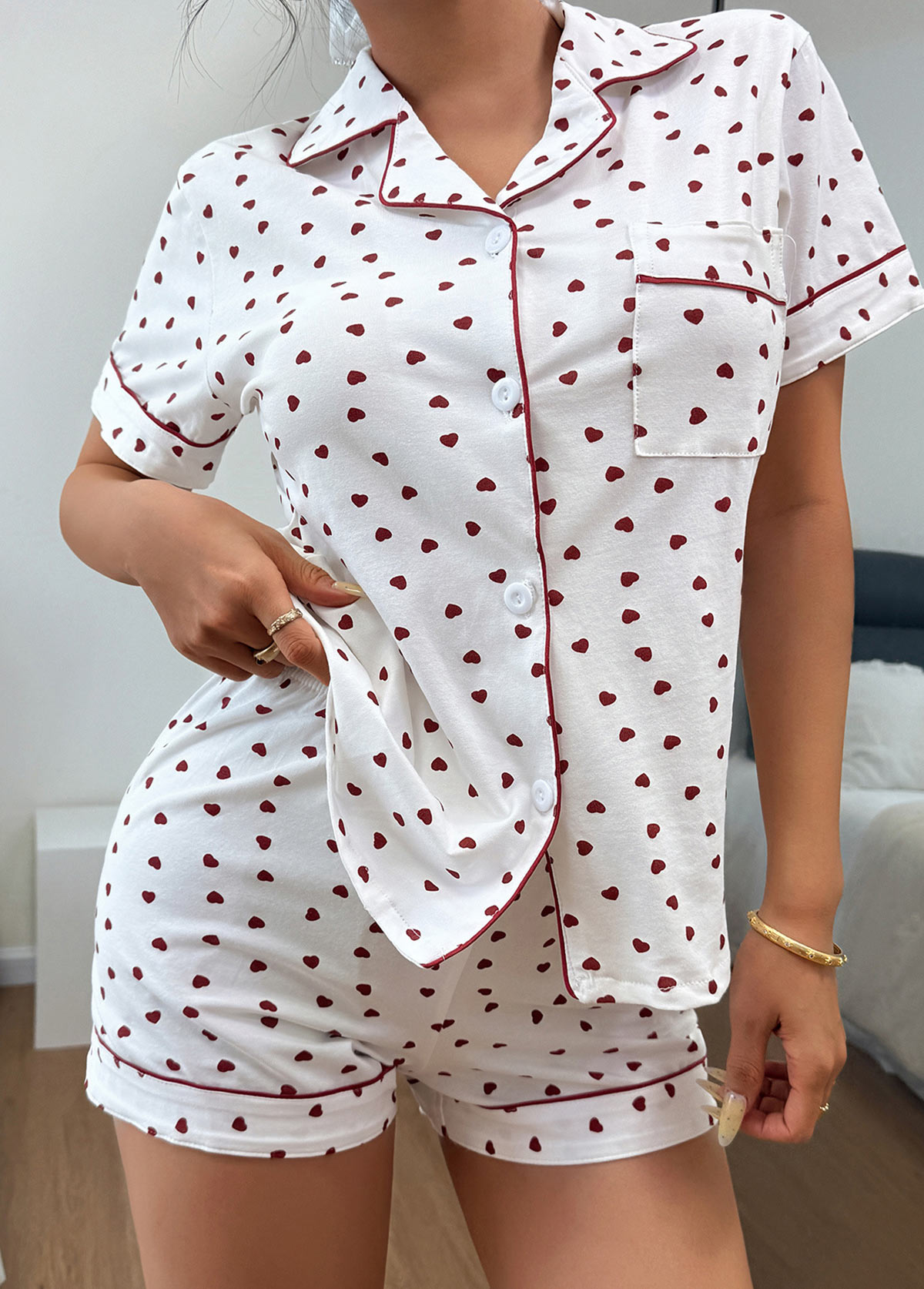 White loungewear,Heart loungewear,Heart Print White Short Sleeve Lounge Top and Shorts
