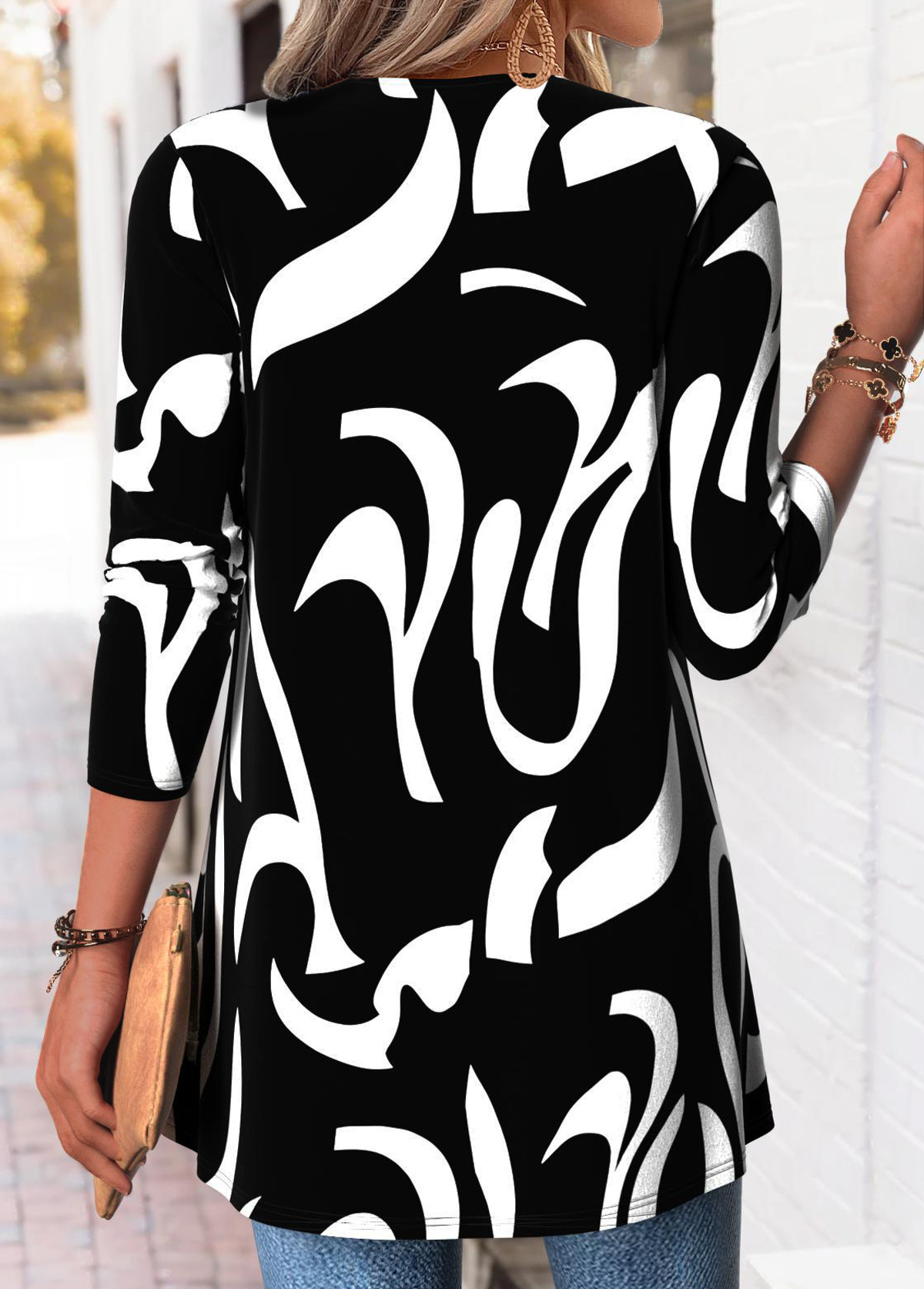 Black tops,Geometric tops,ROTITA Geometric Print Black Long Sleeve Fake Two Piece Twinset
