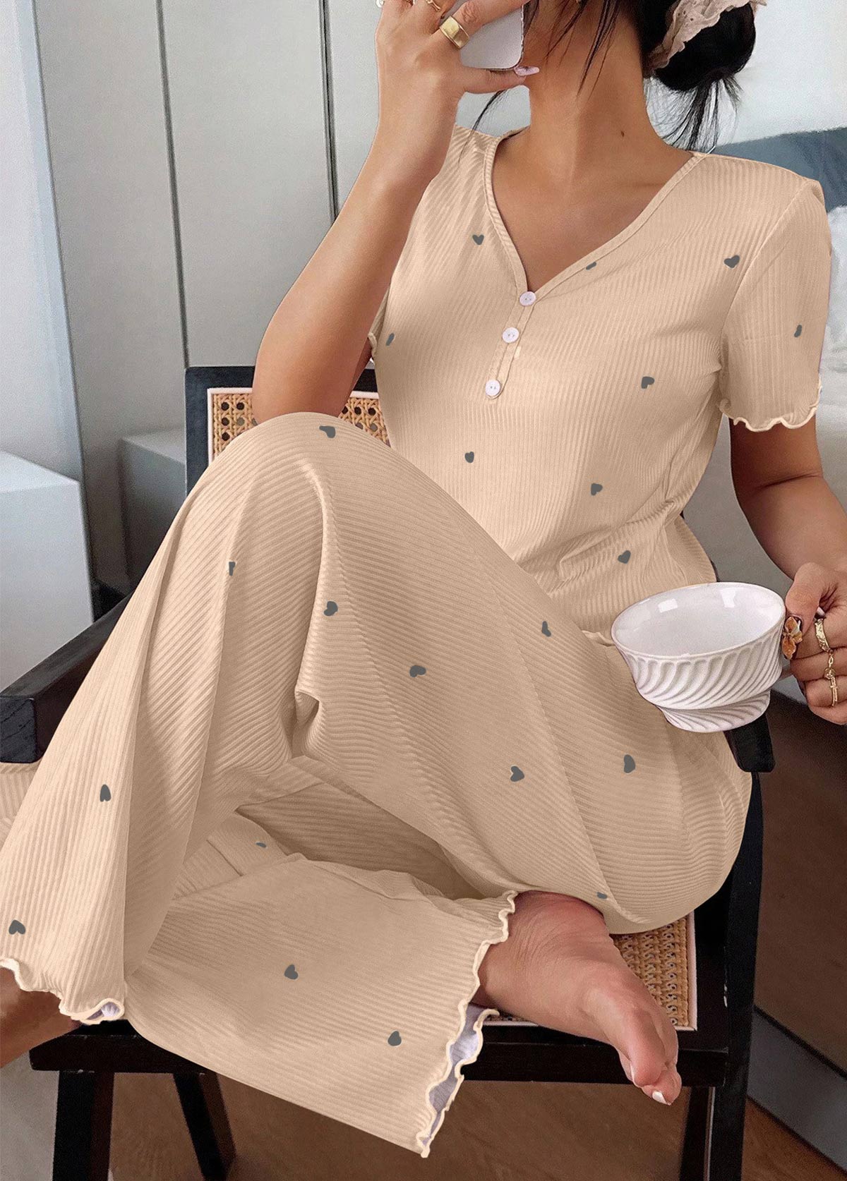Champagne loungewear,Heart loungewear,Heart Print Champagne V Neck Lounge Top and Pants