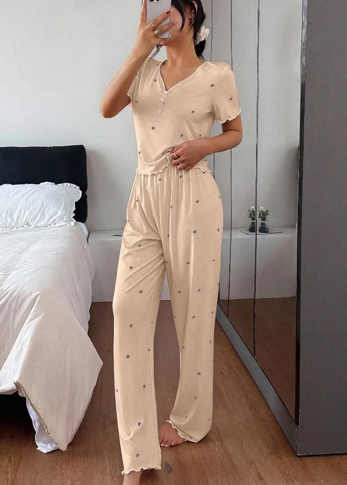 Champagne loungewear,Heart loungewear,Heart Print Champagne V Neck Lounge Top and Pants