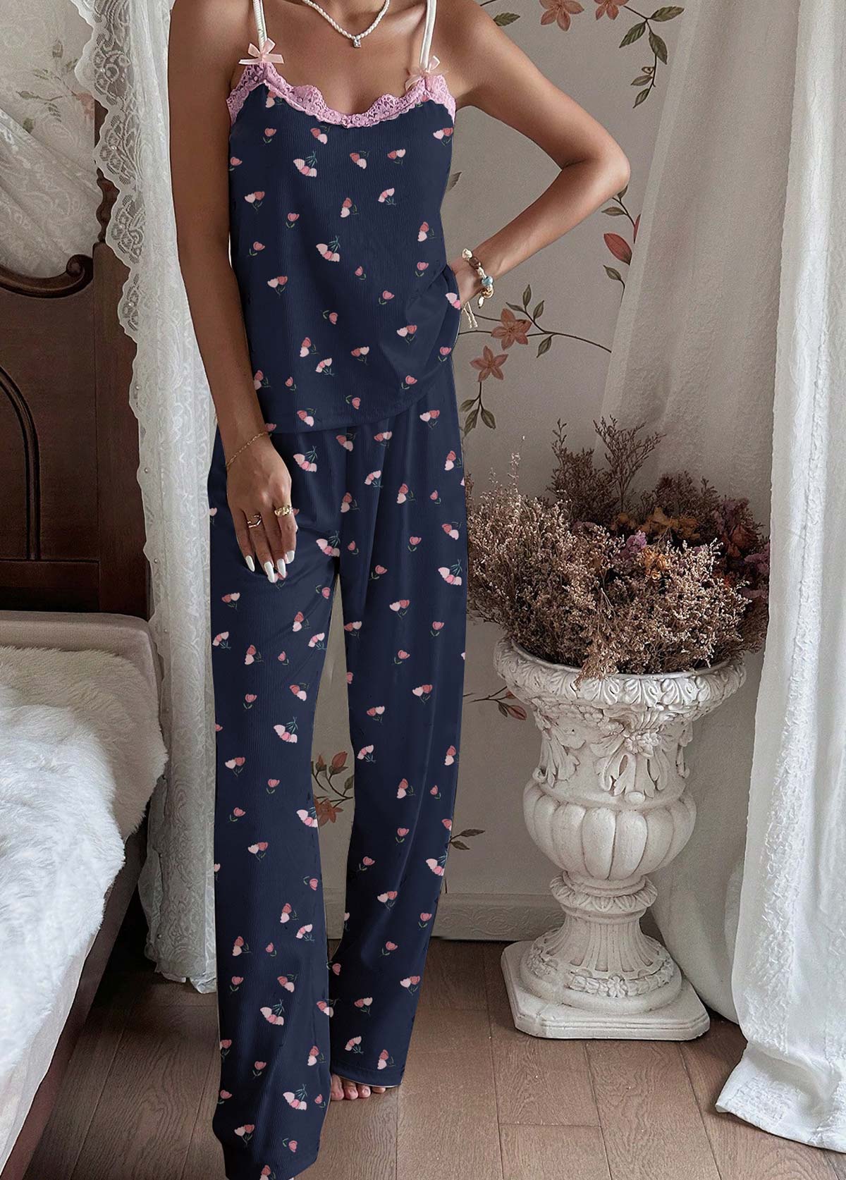 Navy loungewear,Floral loungewear,Plants loungewear,Floral Print Navy Scoop Neck Lounge Top and Pants