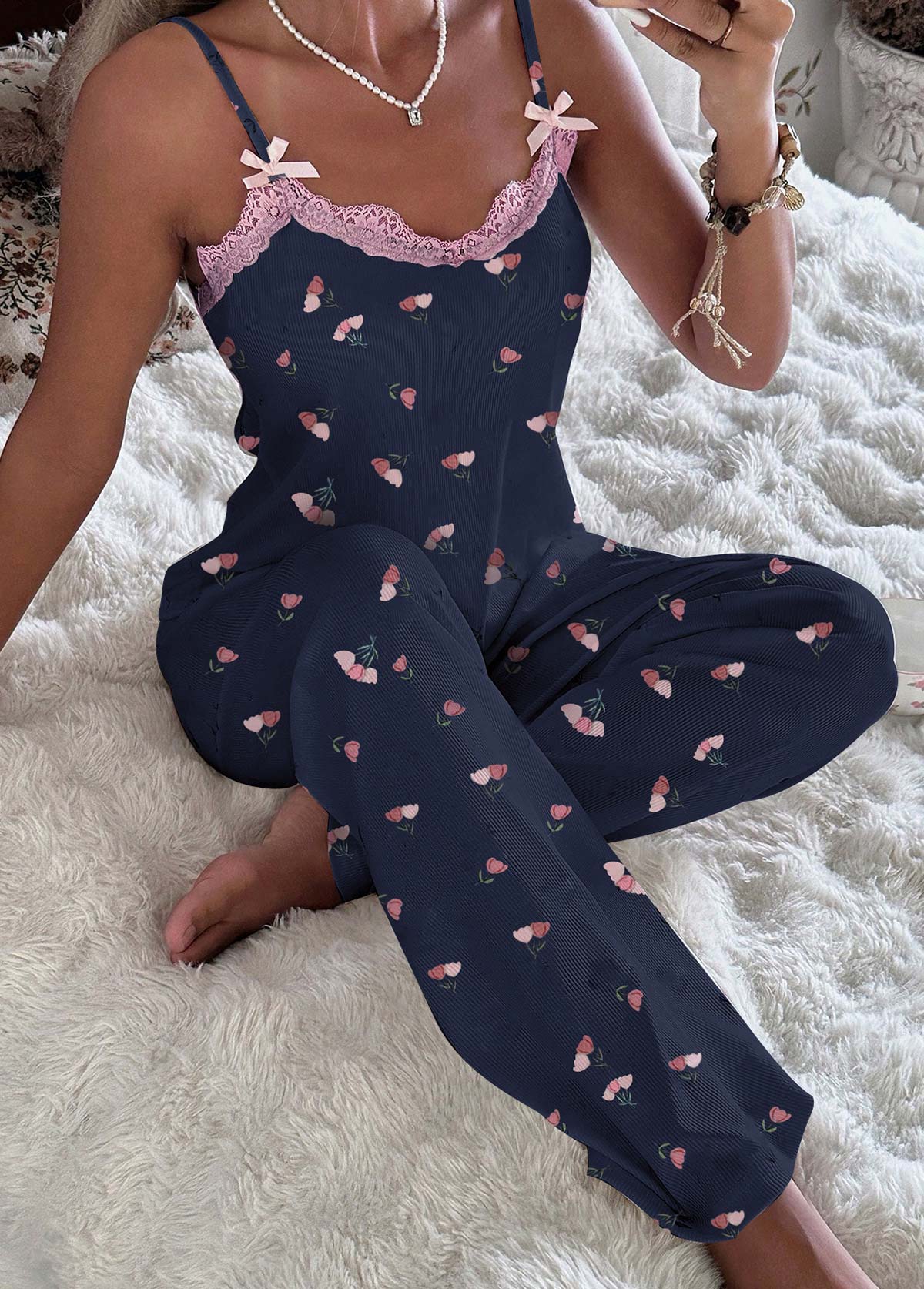 Navy loungewear,Floral loungewear,Plants loungewear,Floral Print Navy Scoop Neck Lounge Top and Pants