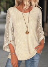 Beige tops,Plain Color tops,ROTITA Beige Round Neck 3/4 Sleeve Blouse