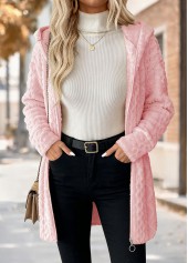 Light Pink tops,Plain Color tops,ROTITA Tummy Coverage Light Pink Hooded Long Sleeve Coat
