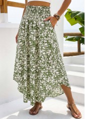 Pocket Ditsy Floral Print Green Maxi Elastic Waist Skirt