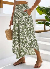 Green bottoms,Ditsy Floral bottoms,Pocket Ditsy Floral Print Green Maxi Elastic Waist Skirt