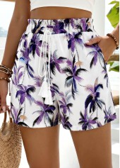 Plants Print Purple Elastic Waist High Waisted Shorts
