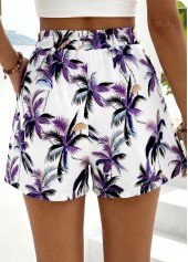 Purple bottoms,Plants bottoms,Plants Print Purple Elastic Waist High Waisted Shorts