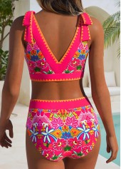 Hot Pink swimwear,Floral swimwear,Plants swimwear,ROTITA Hot Pink Wide Waistband Floral Print Bikini Set