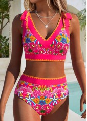 Hot Pink swimwear,Floral swimwear,Plants swimwear,ROTITA Hot Pink Wide Waistband Floral Print Bikini Set
