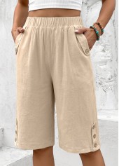 Light Coffee bottoms,Plain Color bottoms,Light Coffee Straight Leg Elastic Waist High Waisted Shorts