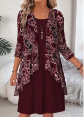 ROTITA Wine Red Paisley Print Two-piece Dress and Cardigan