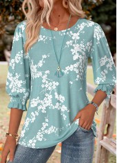 grüne Bluse mit gerafftem Blumenmuster und Rundhalsausschnitt 3/4-Ärmeln