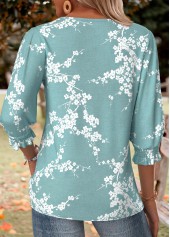 Green tops,Floral tops,Plants tops,ROTITA Smocked Floral Print Green Round Neck 3/4 Sleeve Blouse