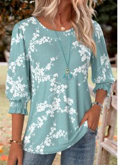 Green tops,Floral tops,Plants tops,ROTITA Smocked Floral Print Green Round Neck 3/4 Sleeve Blouse