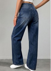 Denim Blue bottoms,Plain Color bottoms,ROTITA Denim Blue Straight Leg Elastic Waist High Waisted Jeans