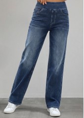 Denim Blue bottoms,Plain Color bottoms,ROTITA Denim Blue Straight Leg Elastic Waist High Waisted Jeans