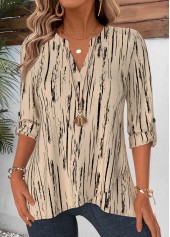 ROTITA Layered Geometric Print Light Camel Split Neck Blouse